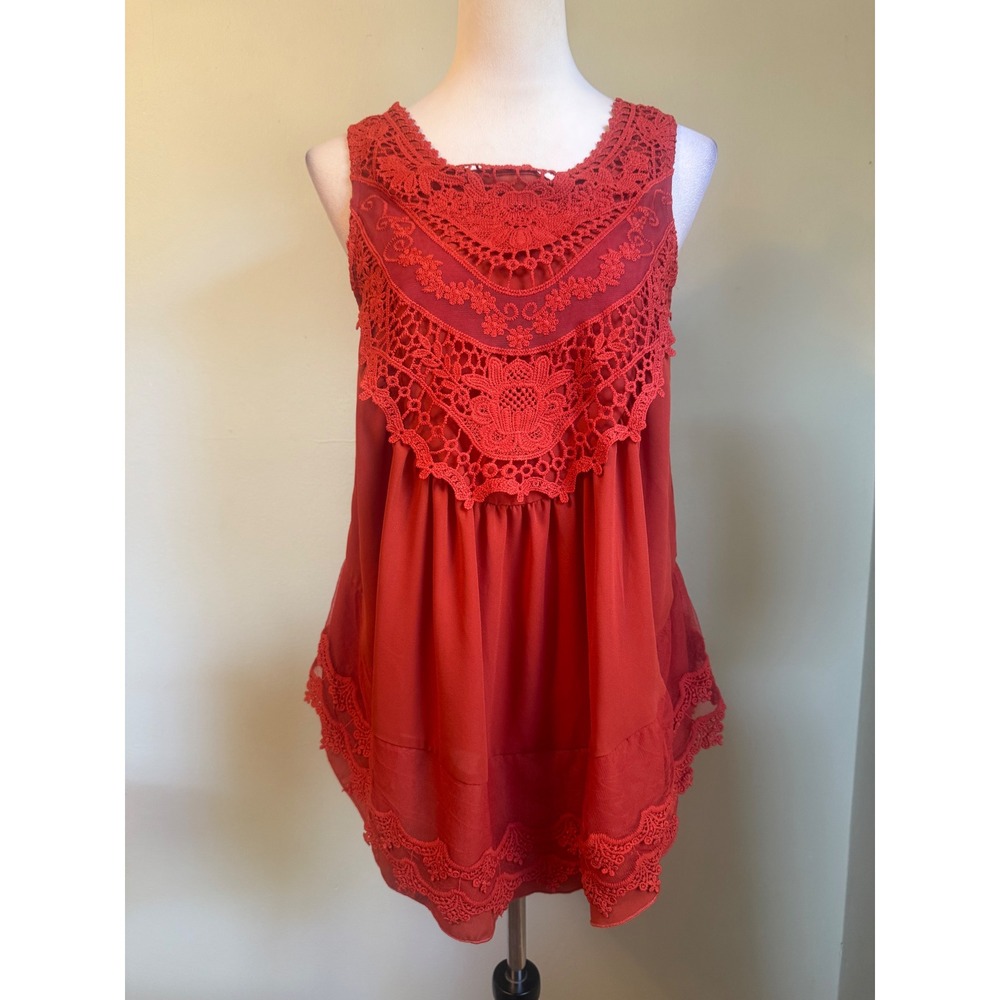 Boho Rust Orange Crochet Lace Sleeveless Babydoll Blouse Top Small boho cottage